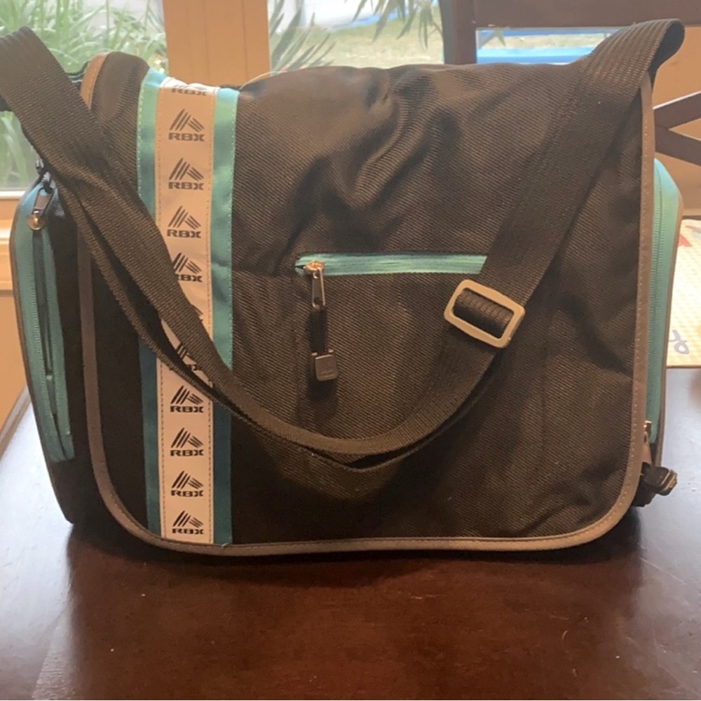 RBX Men's Messenger Diaper Bag in Black with Aqua Accents EUC